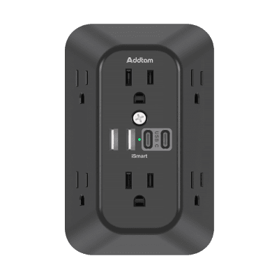 Addtam 6-Outlet Surge Protector with 4 USB Ports (2 USB-C) - Black, 1800J